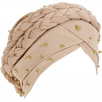 Skullies & Beanies Double Braid Turban Cotton Chemo Cancer Cap Muslim Hat Stretch Hat Head Wrap Cap for Women - Khaki - CD18W...