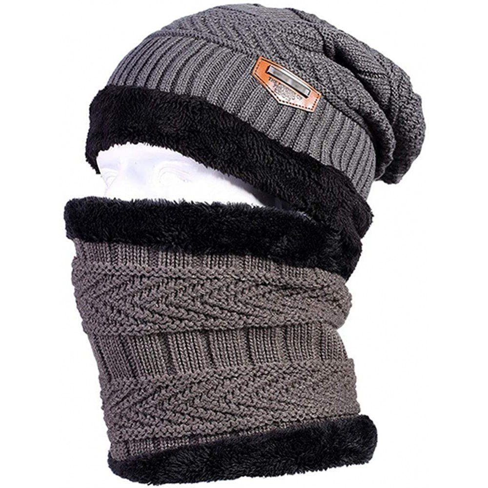 Skullies & Beanies Men's Winter Knit Skull Cap Wool Warm Slouchy Beanies Hat Scarf Set - Grey With Scarf - CI186DSDTGC $10.99
