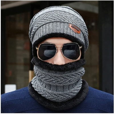 Skullies & Beanies Men's Winter Knit Skull Cap Wool Warm Slouchy Beanies Hat Scarf Set - Grey With Scarf - CI186DSDTGC $10.99