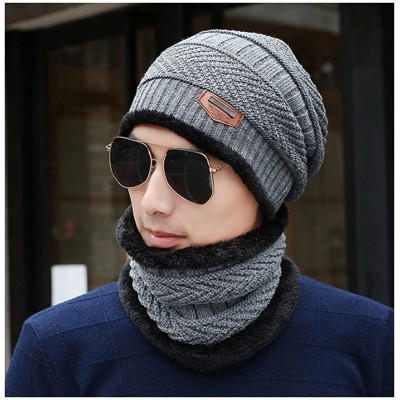 Skullies & Beanies Men's Winter Knit Skull Cap Wool Warm Slouchy Beanies Hat Scarf Set - Grey With Scarf - CI186DSDTGC $10.99