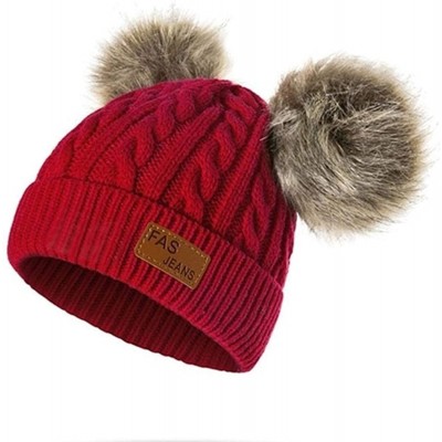 Skullies & Beanies Girls Boys Knit Cap Warm Fur Ball Baby Winter Knit Hat Children Beanie Hats & Caps - Dark Red - CE1930USEK...