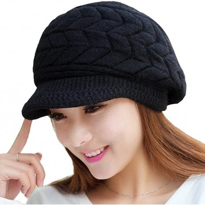 Skullies & Beanies Womens Winter Beanie Hat Warm Knitted Slouchy Wool Hats Cap with Visor - A-black - C812MO8OFV7 $19.36
