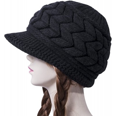 Skullies & Beanies Womens Winter Beanie Hat Warm Knitted Slouchy Wool Hats Cap with Visor - A-black - C812MO8OFV7 $10.06