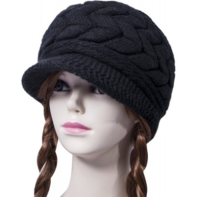 Skullies & Beanies Womens Winter Beanie Hat Warm Knitted Slouchy Wool Hats Cap with Visor - A-black - C812MO8OFV7 $10.06