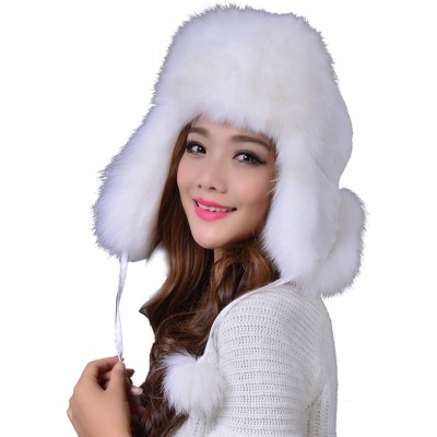 Bomber Hats Women's Winter Aviator Trapper Hat Genuine Fox Raccoon Fur Russian Ushanka Hat - White - CO18ADS2ZR5 $65.67