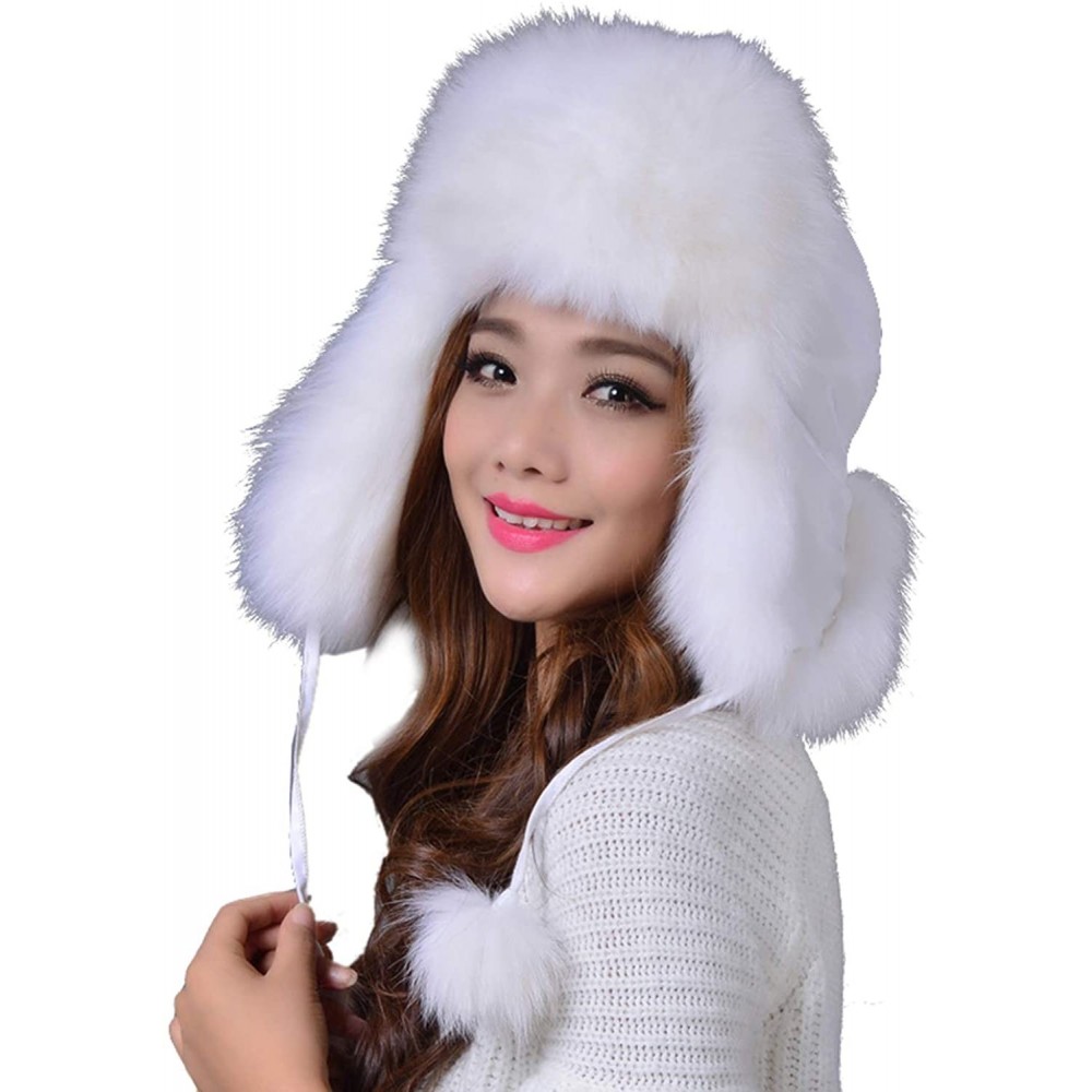 Bomber Hats Women's Winter Aviator Trapper Hat Genuine Fox Raccoon Fur Russian Ushanka Hat - White - CO18ADS2ZR5 $30.59