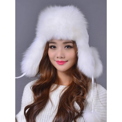 Bomber Hats Women's Winter Aviator Trapper Hat Genuine Fox Raccoon Fur Russian Ushanka Hat - White - CO18ADS2ZR5 $30.59