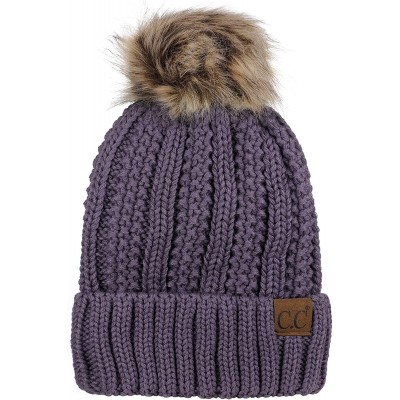 Skullies & Beanies Thick Cable Knit Faux Fuzzy Fur Pom Fleece Lined Skull Cap Cuff Beanie - Violet - CX18GXDWSH7 $17.60