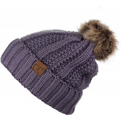 Skullies & Beanies Thick Cable Knit Faux Fuzzy Fur Pom Fleece Lined Skull Cap Cuff Beanie - Violet - CX18GXDWSH7 $17.60