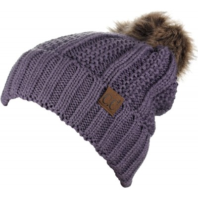 Skullies & Beanies Thick Cable Knit Faux Fuzzy Fur Pom Fleece Lined Skull Cap Cuff Beanie - Violet - CX18GXDWSH7 $17.60