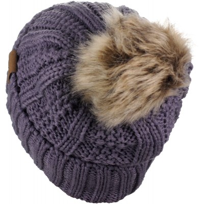 Skullies & Beanies Thick Cable Knit Faux Fuzzy Fur Pom Fleece Lined Skull Cap Cuff Beanie - Violet - CX18GXDWSH7 $17.60