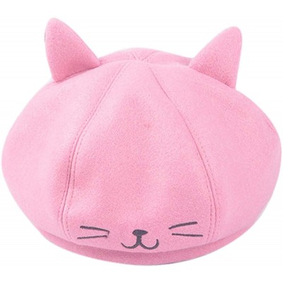 Berets Cute Cat Ear French Beret Pu Leather Casual Classic Solid Color Winter Warm Cap Beanie for Boys Girls - Pink - C018YRZ...