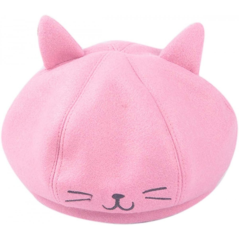 Berets Cute Cat Ear French Beret Pu Leather Casual Classic Solid Color Winter Warm Cap Beanie for Boys Girls - Pink - C018YRZ...