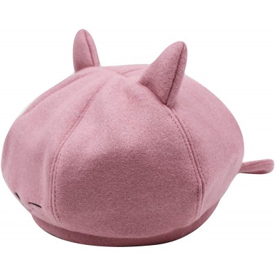 Berets Cute Cat Ear French Beret Pu Leather Casual Classic Solid Color Winter Warm Cap Beanie for Boys Girls - Pink - C018YRZ...