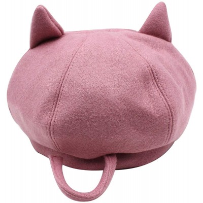 Berets Cute Cat Ear French Beret Pu Leather Casual Classic Solid Color Winter Warm Cap Beanie for Boys Girls - Pink - C018YRZ...