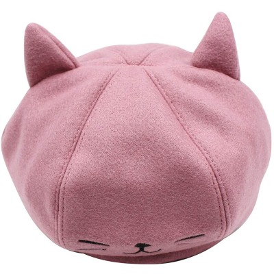 Berets Cute Cat Ear French Beret Pu Leather Casual Classic Solid Color Winter Warm Cap Beanie for Boys Girls - Pink - C018YRZ...