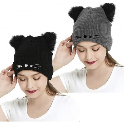 Skullies & Beanies Women Winter Beanie Cute 2Pom Pom Cat Ears Cuff Hats Soft Warm Thick Beanies Chunky Knit Hat Girls Ski Sku...