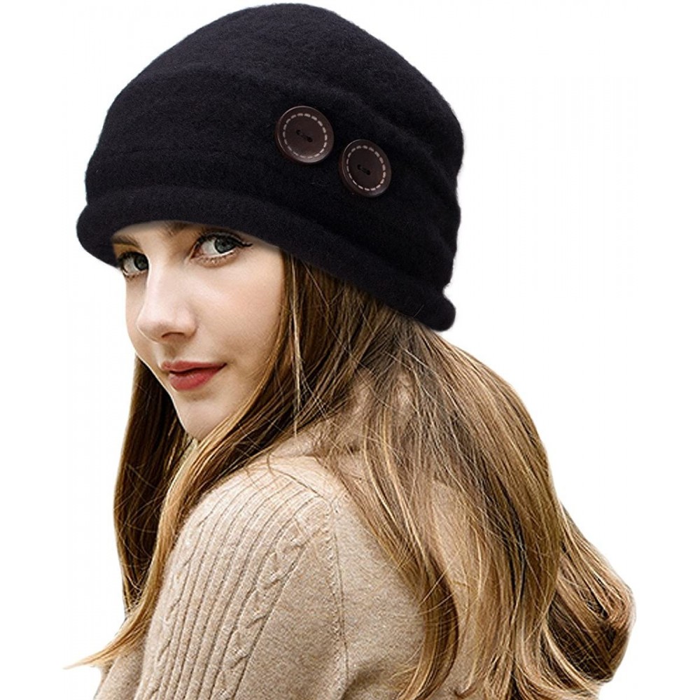 Bucket Hats New Womens 100% Wool Slouchy Wrinkle Button Winter Bucket Cloche Hat T178 - Black - CZ12MODUJ2B $12.45