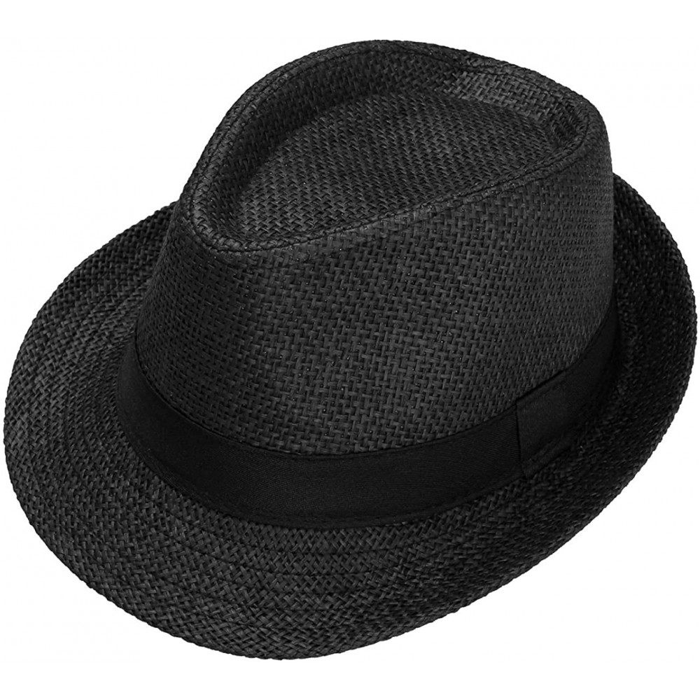 Sun Hats Unisex Summer Panama Straw Fedora Hat Short Brim Beach Sun Cap Classic - 01 Black - C5184DDR9QT $15.55