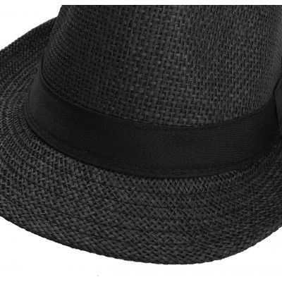 Sun Hats Unisex Summer Panama Straw Fedora Hat Short Brim Beach Sun Cap Classic - 01 Black - C5184DDR9QT $15.55