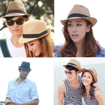 Sun Hats Unisex Summer Panama Straw Fedora Hat Short Brim Beach Sun Cap Classic - 01 Black - C5184DDR9QT $15.55