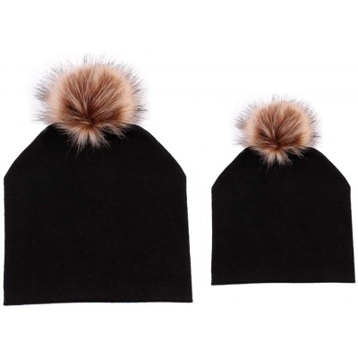 Skullies & Beanies 2PCS Mother-Baby Knit Warm Hat Winter Parent-Child Hat Crochet Beanie Ski Cap Faux Fur Pom Pom - Black 2 -...