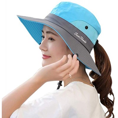 Sun Hats Ponytail Women's Summer Sun Bucket Hats UV Protection Safari Hiking Wide Brim Beach Foldable Mesh Fishing Cap - CV18...