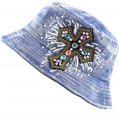 Bucket Hats 1100P Women's Beaded Rhinestone Outdoor Bucket Hat - Denim Blue - CO12EET7C2N $15.45