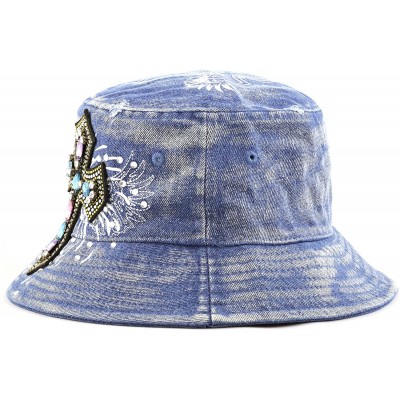 Bucket Hats 1100P Women's Beaded Rhinestone Outdoor Bucket Hat - Denim Blue - CO12EET7C2N $15.45