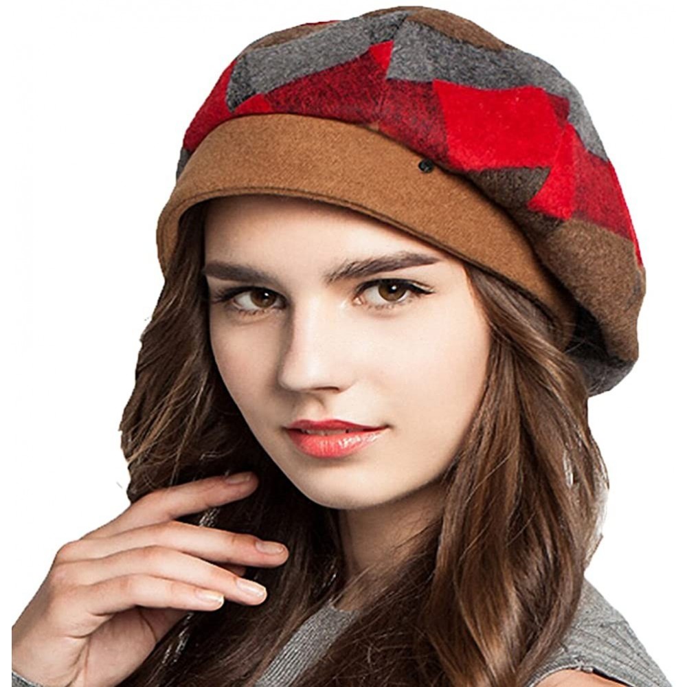 Berets Women's Scottish Plaid Wool Peaked Cap Beret - Red - CR1293F4SCP $22.37