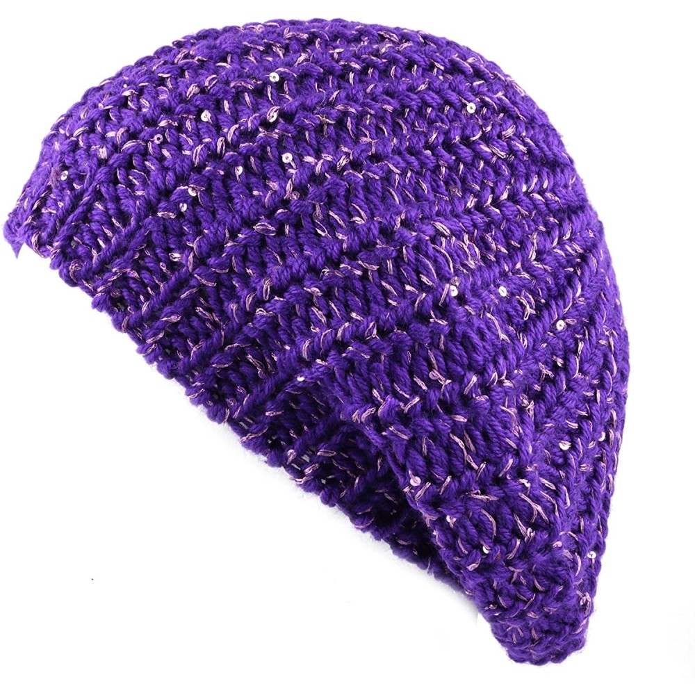 Berets Women's Sequin Knit Beret One Size Tam Hat - Purple - C1127WERFK1 $9.97