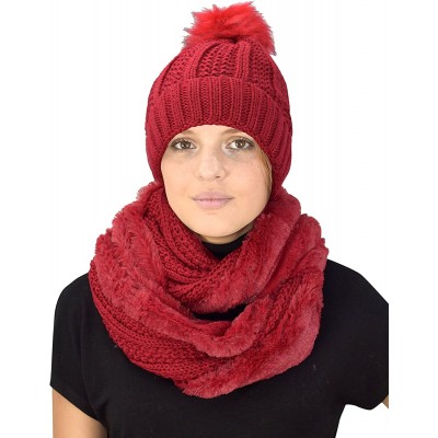 Skullies & Beanies Thick Warm Crochet Beanie Hat & Plush Fur Lined Infinity Loop Scarf Set - Red - CK18846A0K3 $38.48