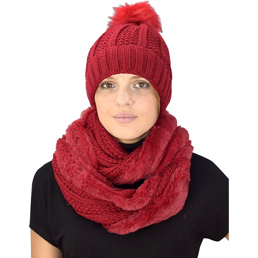 Skullies & Beanies Thick Warm Crochet Beanie Hat & Plush Fur Lined Infinity Loop Scarf Set - Red - CK18846A0K3 $20.01