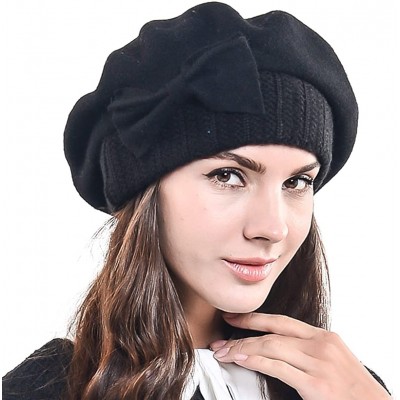 Berets Lady French Beret 100% Wool Beret Chic Beanie Winter Hat HY023 - Knit-black - CA12ODKYRV2 $38.76
