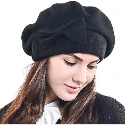 Berets Lady French Beret 100% Wool Beret Chic Beanie Winter Hat HY023 - Knit-black - CA12ODKYRV2 $14.59