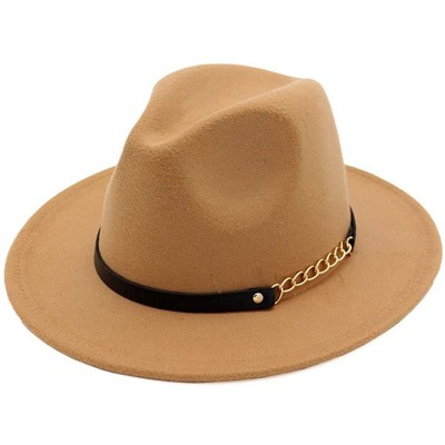 Fedoras Women's Wide Brim Fedora Panama Hat with Metal Belt Buckle - Camel-2 - CC18NI5CCHN $18.26