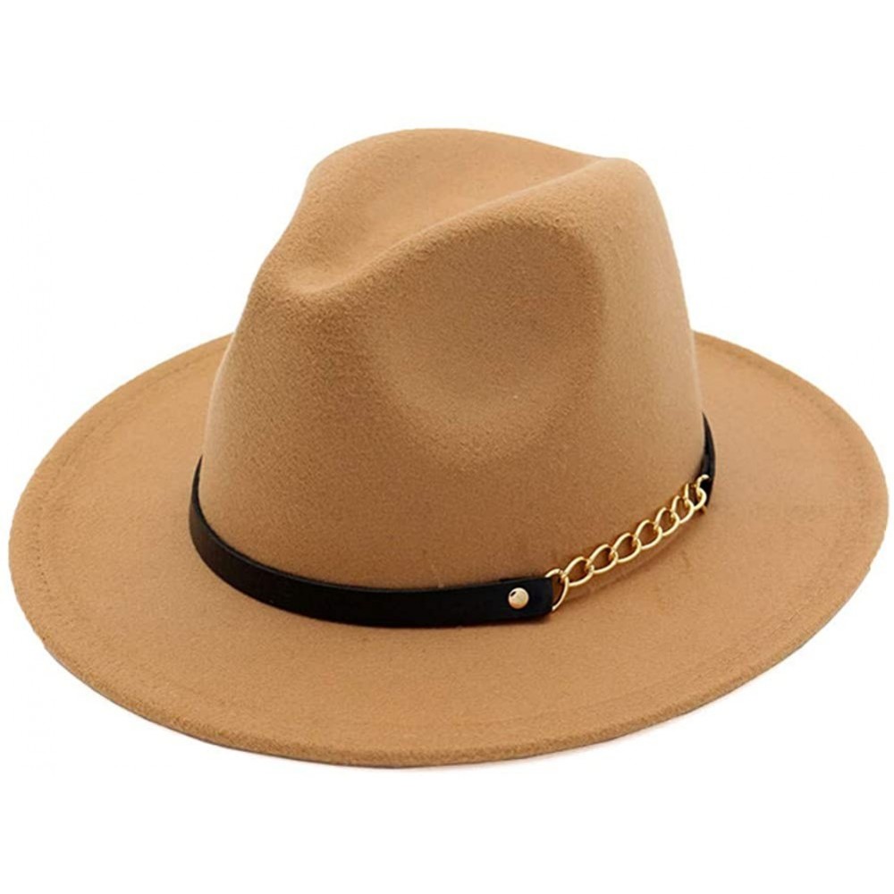 Fedoras Women's Wide Brim Fedora Panama Hat with Metal Belt Buckle - Camel-2 - CC18NI5CCHN $18.26