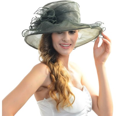 Sun Hats Ladies Wide Brim Organza Derby hat for Kentucky Derby Church Tea Party Wedding - S09-grey - CY18QZ8N2G8 $17.10