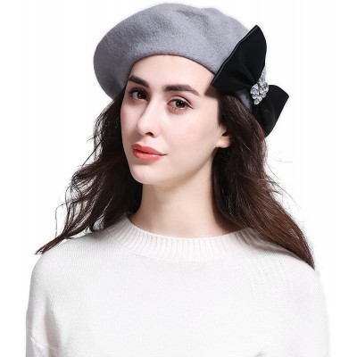 Berets Women's Franch Inspired Wool Felt Beret Hat Bow/Rivet/Floral Appliqued - Bow-grey - CR187QH7708 $25.69