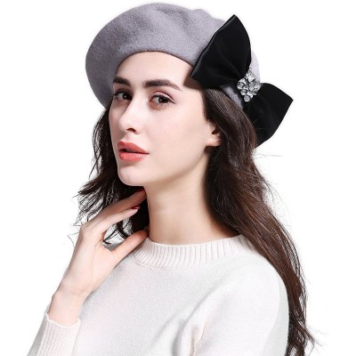 Berets Women's Franch Inspired Wool Felt Beret Hat Bow/Rivet/Floral Appliqued - Bow-grey - CR187QH7708 $13.86