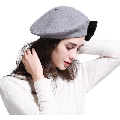 Berets Women's Franch Inspired Wool Felt Beret Hat Bow/Rivet/Floral Appliqued - Bow-grey - CR187QH7708 $13.86