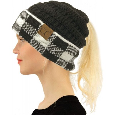 Skullies & Beanies Ponytail Messy Bun BeanieTail Soft Winter Knit Stretch Beanie Hat - Buffalo Plaid Black/White - CP18YZ80KM...