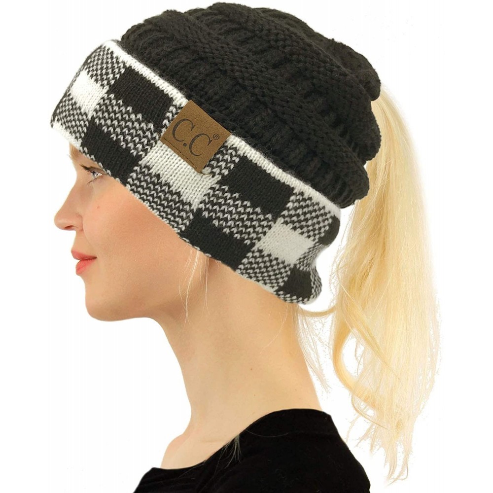 Skullies & Beanies Ponytail Messy Bun BeanieTail Soft Winter Knit Stretch Beanie Hat - Buffalo Plaid Black/White - CP18YZ80KM...