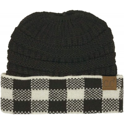 Skullies & Beanies Ponytail Messy Bun BeanieTail Soft Winter Knit Stretch Beanie Hat - Buffalo Plaid Black/White - CP18YZ80KM...