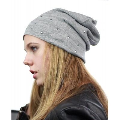 Skullies & Beanies Unisex Comfort & Warm Knit Studded Slouchy Beanie Hat - Grey - CD12HTOVML7 $9.75