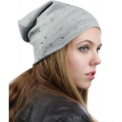 Skullies & Beanies Unisex Comfort & Warm Knit Studded Slouchy Beanie Hat - Grey - CD12HTOVML7 $9.75