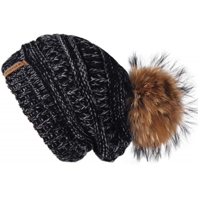 Skullies & Beanies Winter Real Fur Pom Beanie Hat Warm Oversized Chunky Cable Knit Slouch Beanie Hats for Women - CU18H3QMKLA...