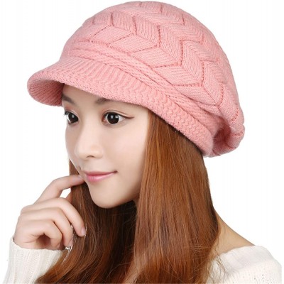 Skullies & Beanies Womens Snow Warm Knitted Winter Wool Beanies Hats For Women Slouchy Cap With Visor - Women Pink - C018HCR0...