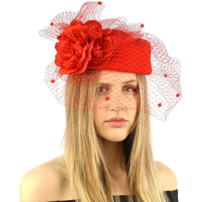 Bucket Hats Winter Wool British Fishnet Veil Pillbox Cocktail Wedding Church Hat Cap - Red - CJ1266LPNC3 $23.60