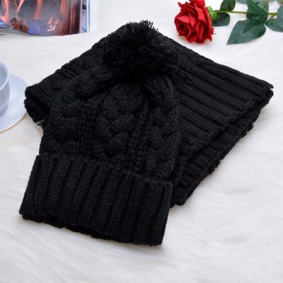 Skullies & Beanies Fashion Women's Warm Crochet Knitted Beanie Hat and Scarf Set with Fur Poms - 3 Black - CC18M3GH8XZ $22.70